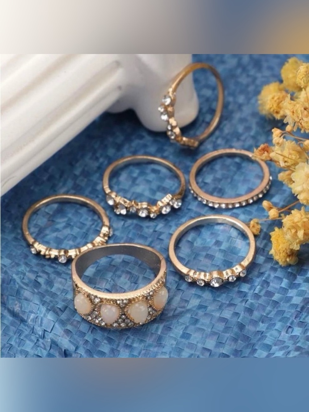 Gold 6pc Rhinestone Ring Set - Picture 2 of 2